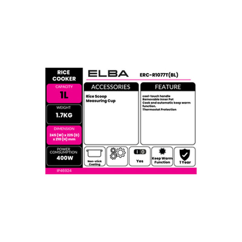 ELBA Rice Cooker 1.0l ERC-R1077T(BL)-image 2