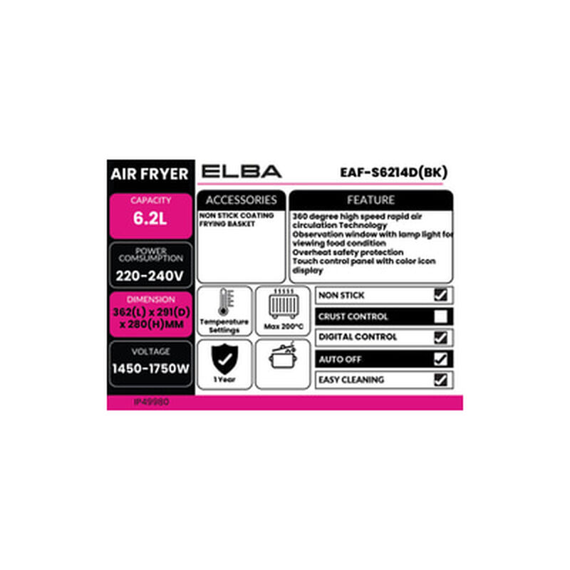 ELBA Air Fryer 6.2l Digital EAF-S6214D(BK)-image 4
