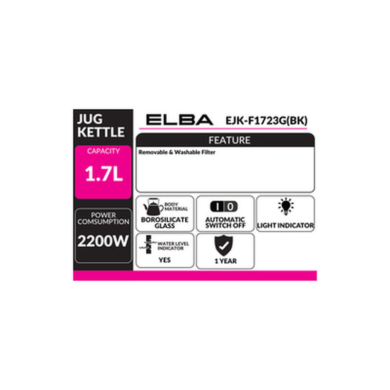 ELBA Glass Jug Kettle 1.7l EJK-F1723G(BK)-image 2