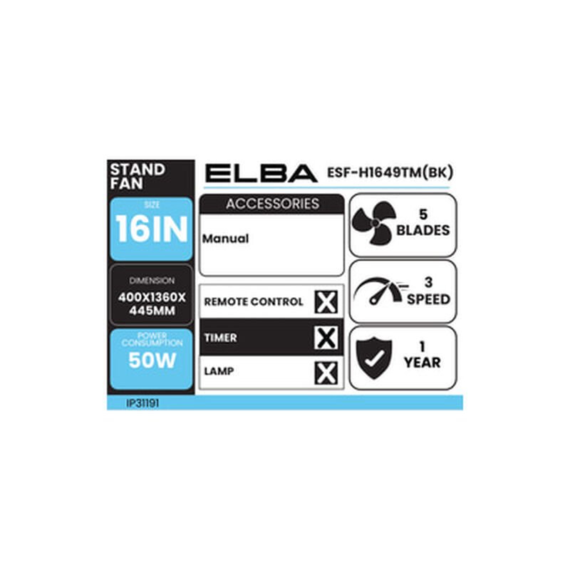 ELBA 16in Stand Fan ESF-H1649TM(BK)-image 3