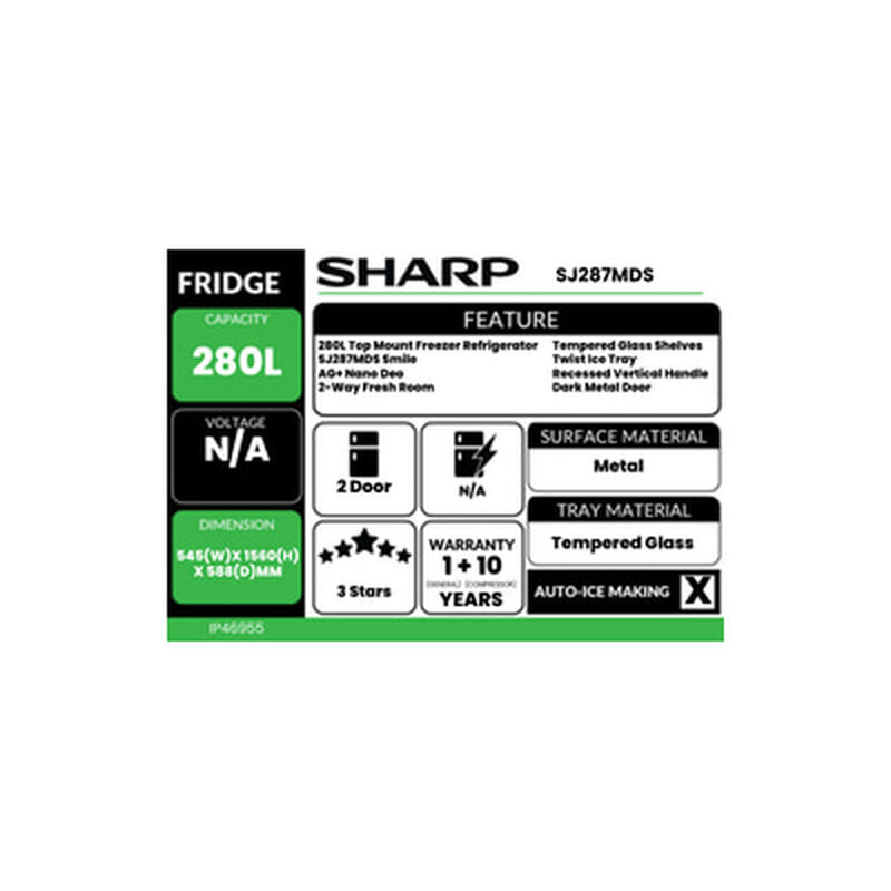 SHARP 2 Door Fridge 280l SJ287MDS-image 4
