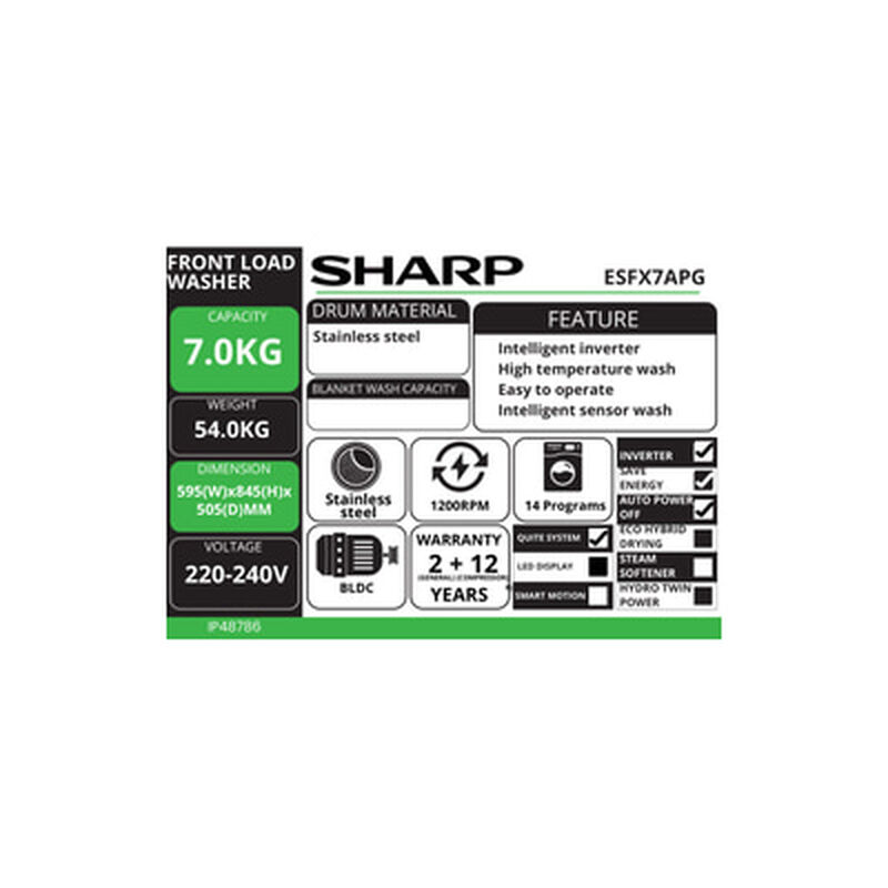 SHARP Front Load Washer 7kg ESFX7APG-image 5