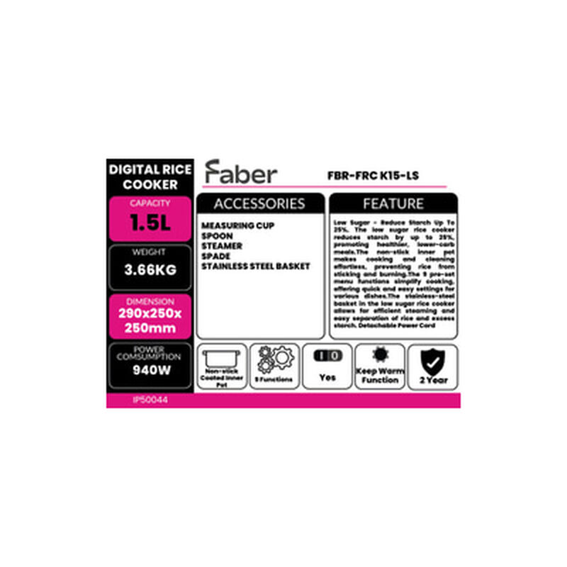 FABER Digital Rice Cooker 1.5l Low Sugar FBR-FRC K15-LS-image 9