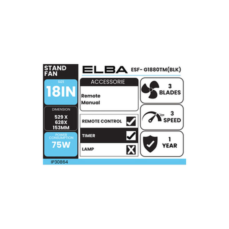 ELBA 18in Stand Fan ESF-G1880TM(BLK)-image 6