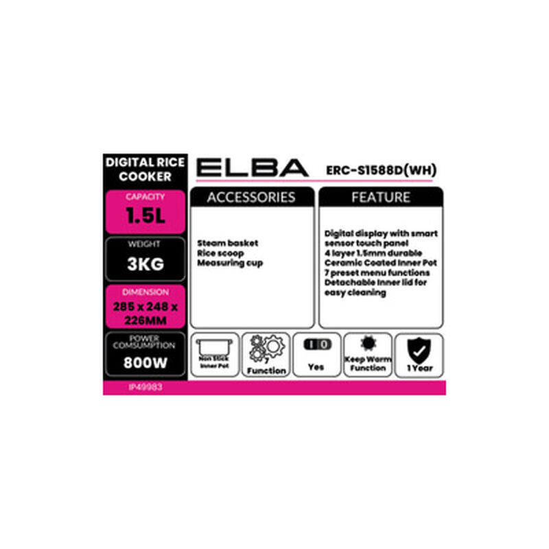 ELBA Digital Rice Cooker 1.5l Ceramic Pot ERC-S1588D(WH)-image 5