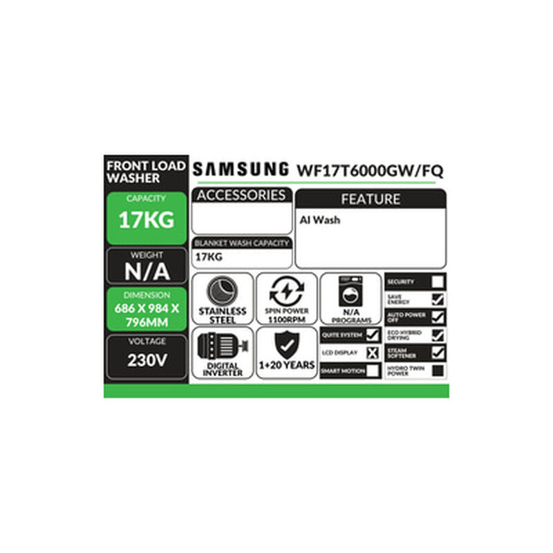 SAMSUNG Front Load Washer 17kg WF17T6000GW/FQ-image 6