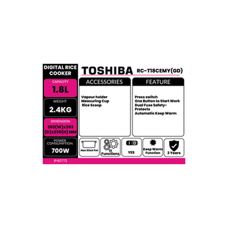 TOSHIBA Rice Cooker 1.8l Conventional RC-T18CEMY(GD)-image 4