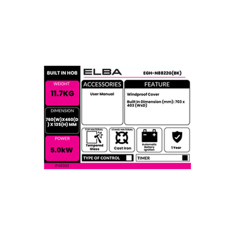 ELBA Built In Glass Hob EGH-N8822G(BK)-image 2