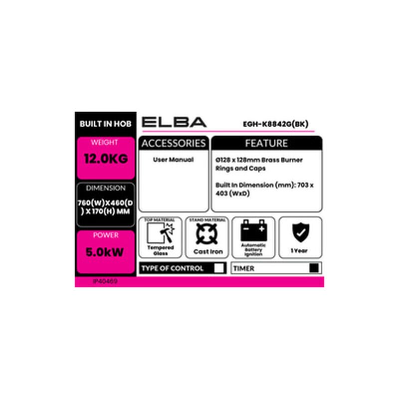ELBA Built In Hob EGH-K8842G(BK)-image 4