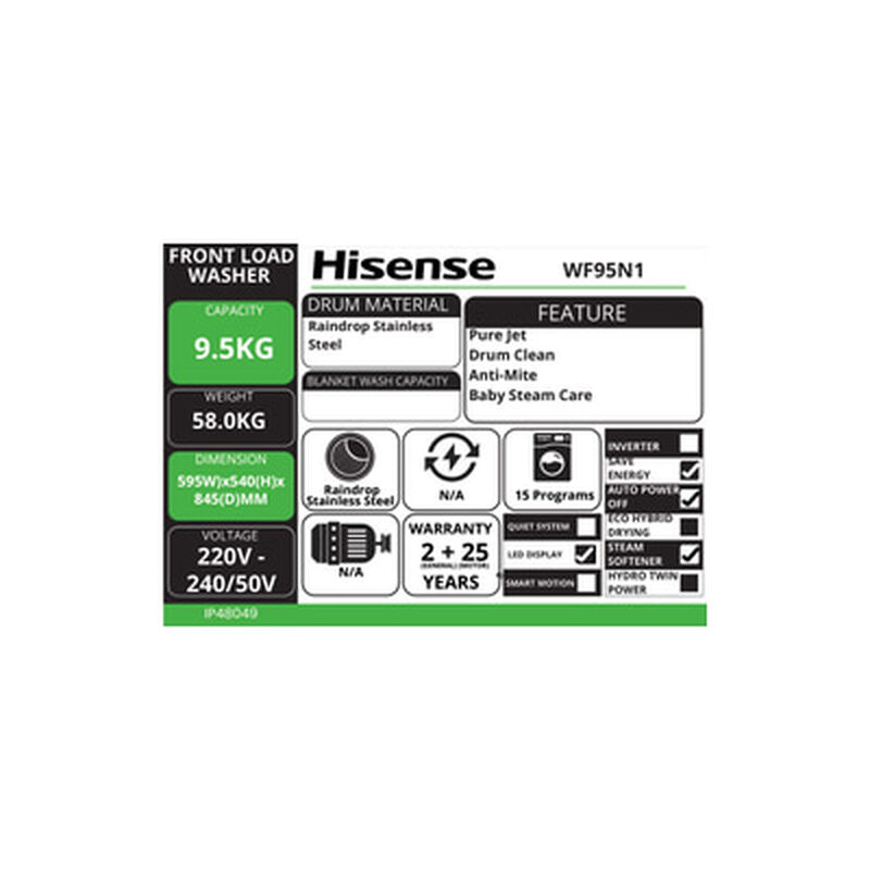 HISENSE Front Load Washer 9.5kg (white) WF95N1-image 4