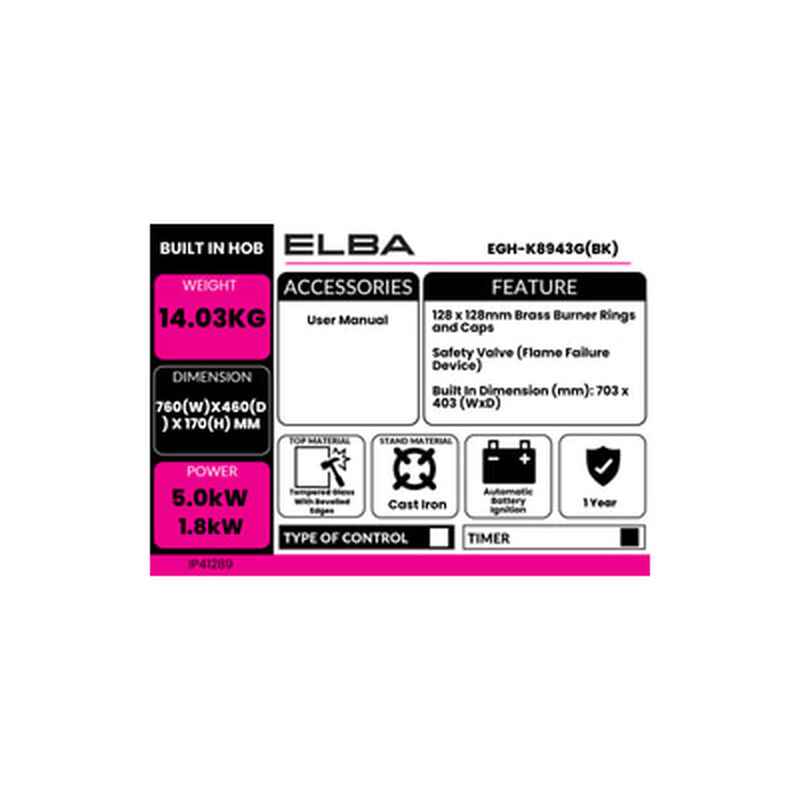 ELBA Built In Glass Hob 3 Burner EGH-K8943G(BK)-image 2