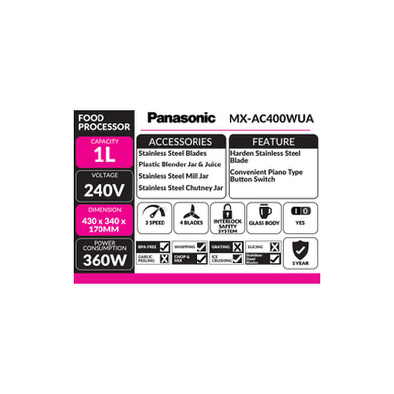 PANASONIC Food Processor (mixer Grinder) MX-AC400WUA-image 2