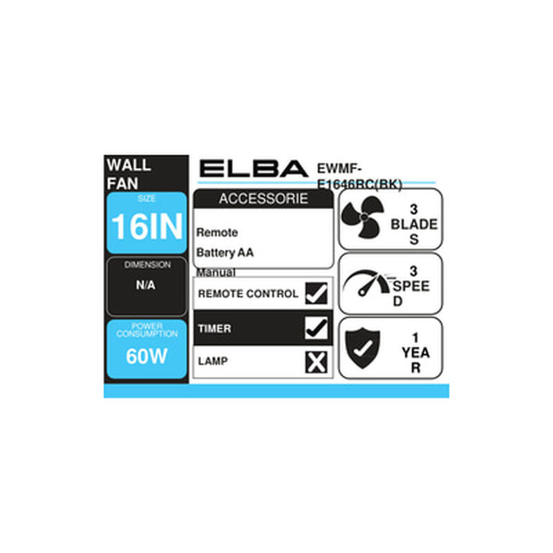 ELBA 16in Wall Fan EWMF-E1646RC(BK)-image 2