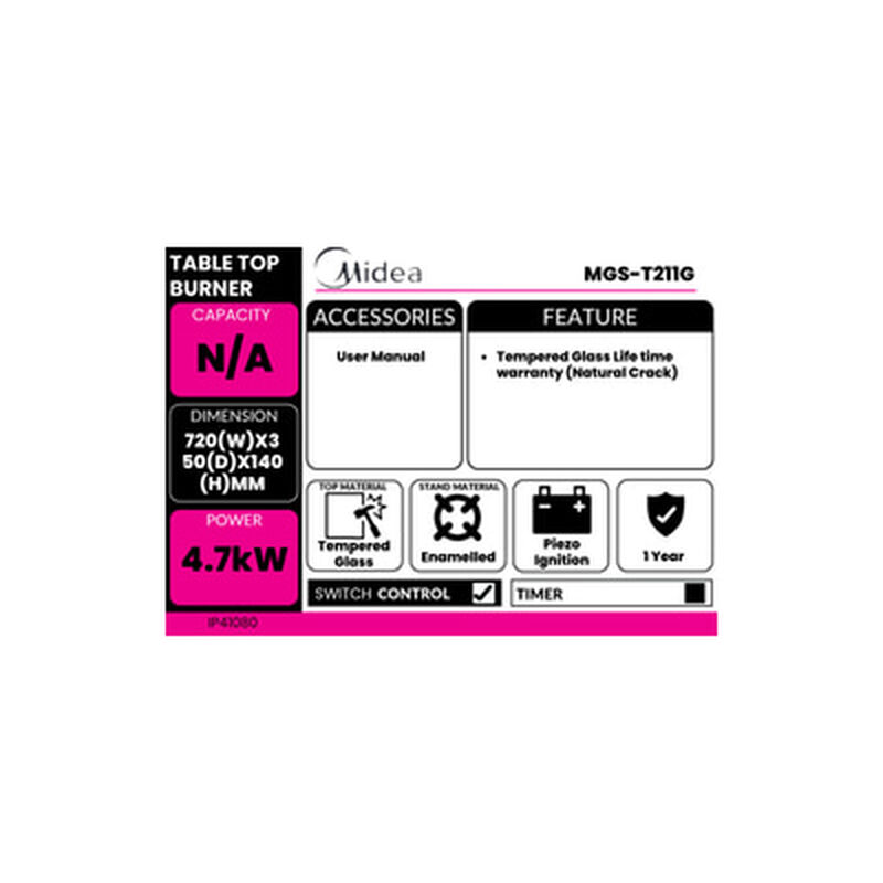 MIDEA Table Top Burner Tempered Glass MGS-T211G-image 3