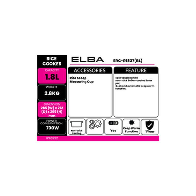 ELBA Jar Rice Cooker 1.8l ERC-R1837(BL)-image 4