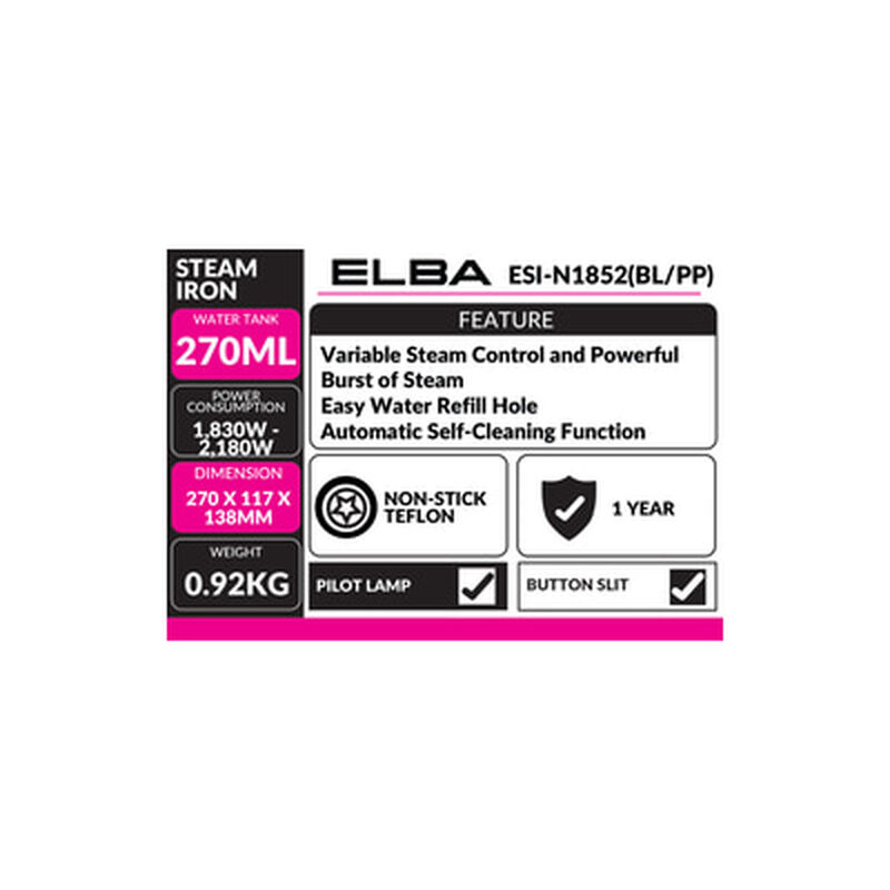 ELBA Steam Iron ESI-N1852(BL/PP)-image 2
