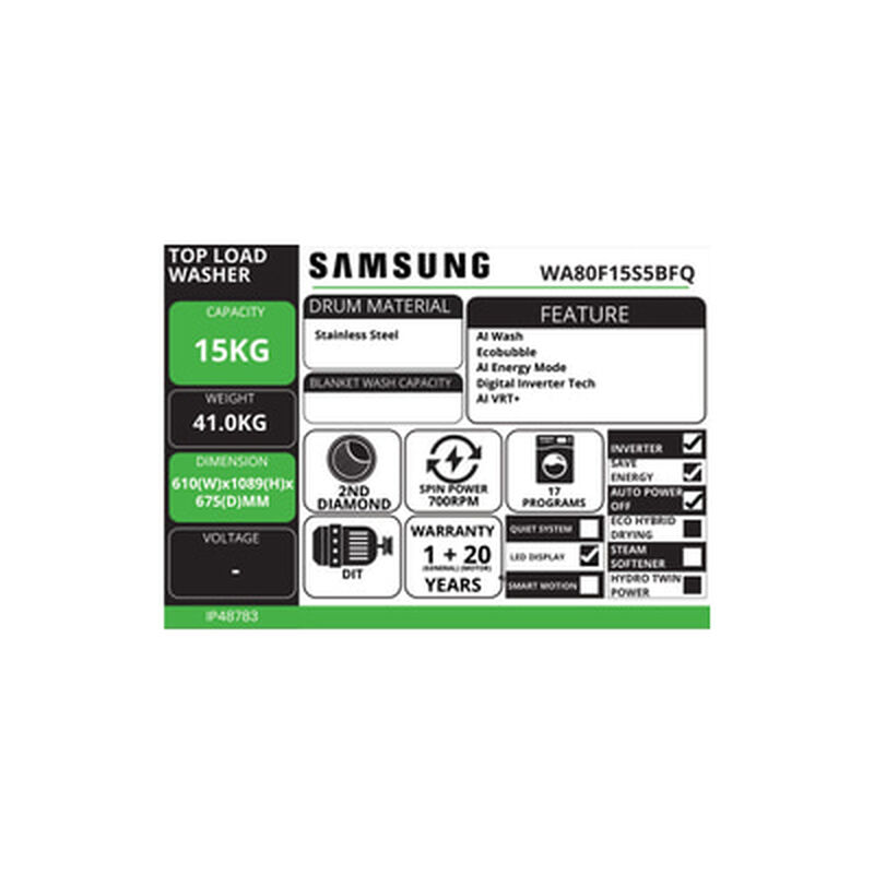SAMSUNG Top Load Washer 15kg WA80F15S5BFQ-image 5