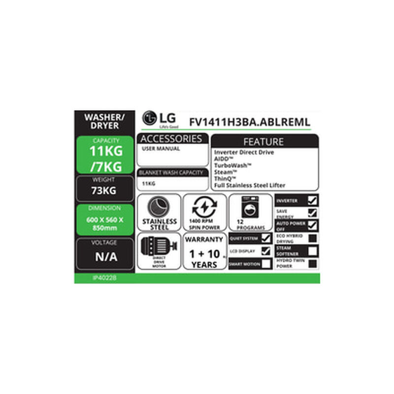 LG Front Load 11kg+dryer 7kg FV1411H3BA.ABLREML-image 6
