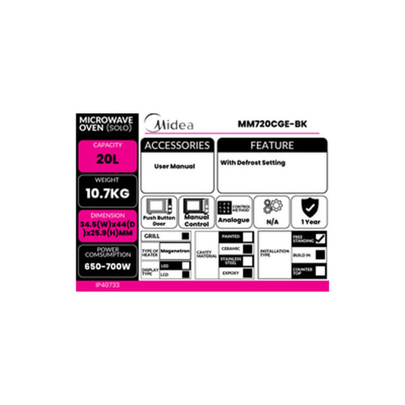 MIDEA Microwave Oven Solo 20l MM720CGE-BK-image 2
