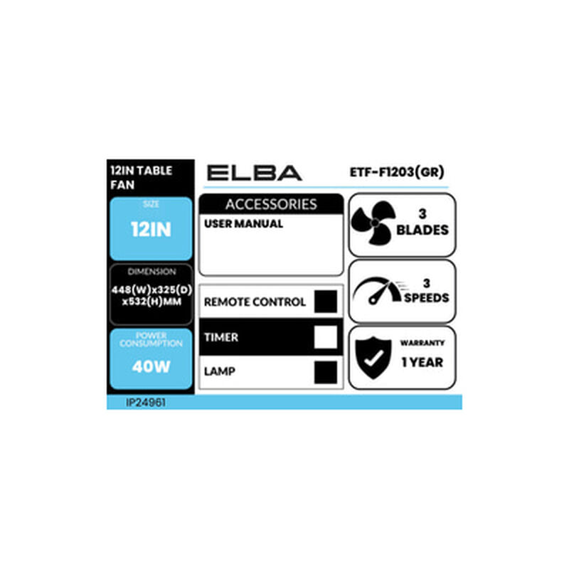 ELBA 12in Table Fan ETF-F1203(GR)-image 2